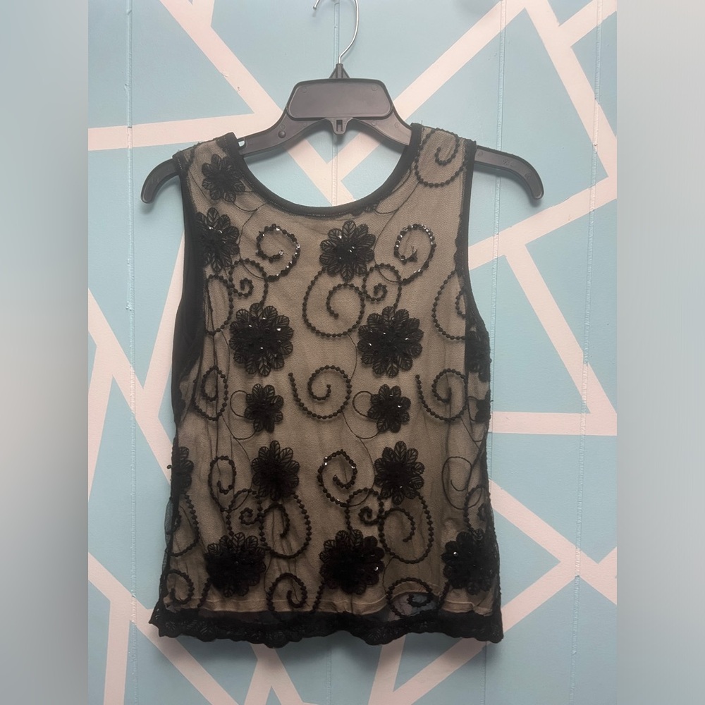 Vintage Y2K sleeveless black sequin floral mesh crop top
